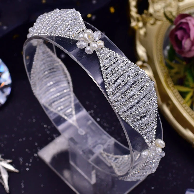 Blingy Crystal Rhinestone Faux Pearl Beaded Wavy Headband - Silver - Image 2