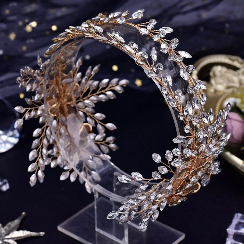 Blingy Double Strand Flower Trim Olive Branch Crystal Headband - Gold - Image 2
