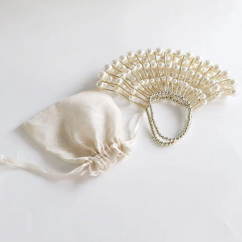 Blingy Faux Pearl Embellished Drawstring Pouch Top Handle Party Bag - Beige - Image 2