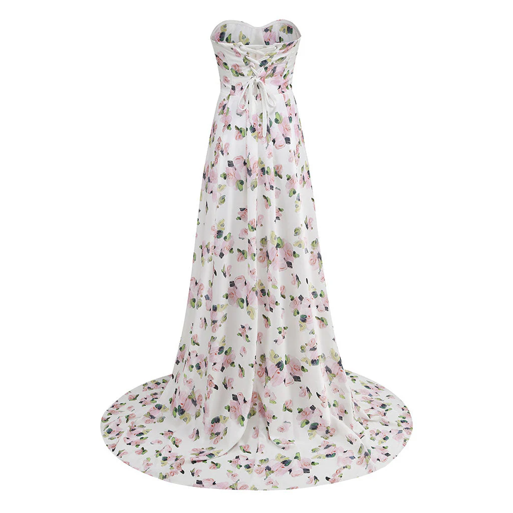 Bloom Floral Printed Sweetheart Corset Strapless Lace Up Split Maxi Evening Dress - Image 2