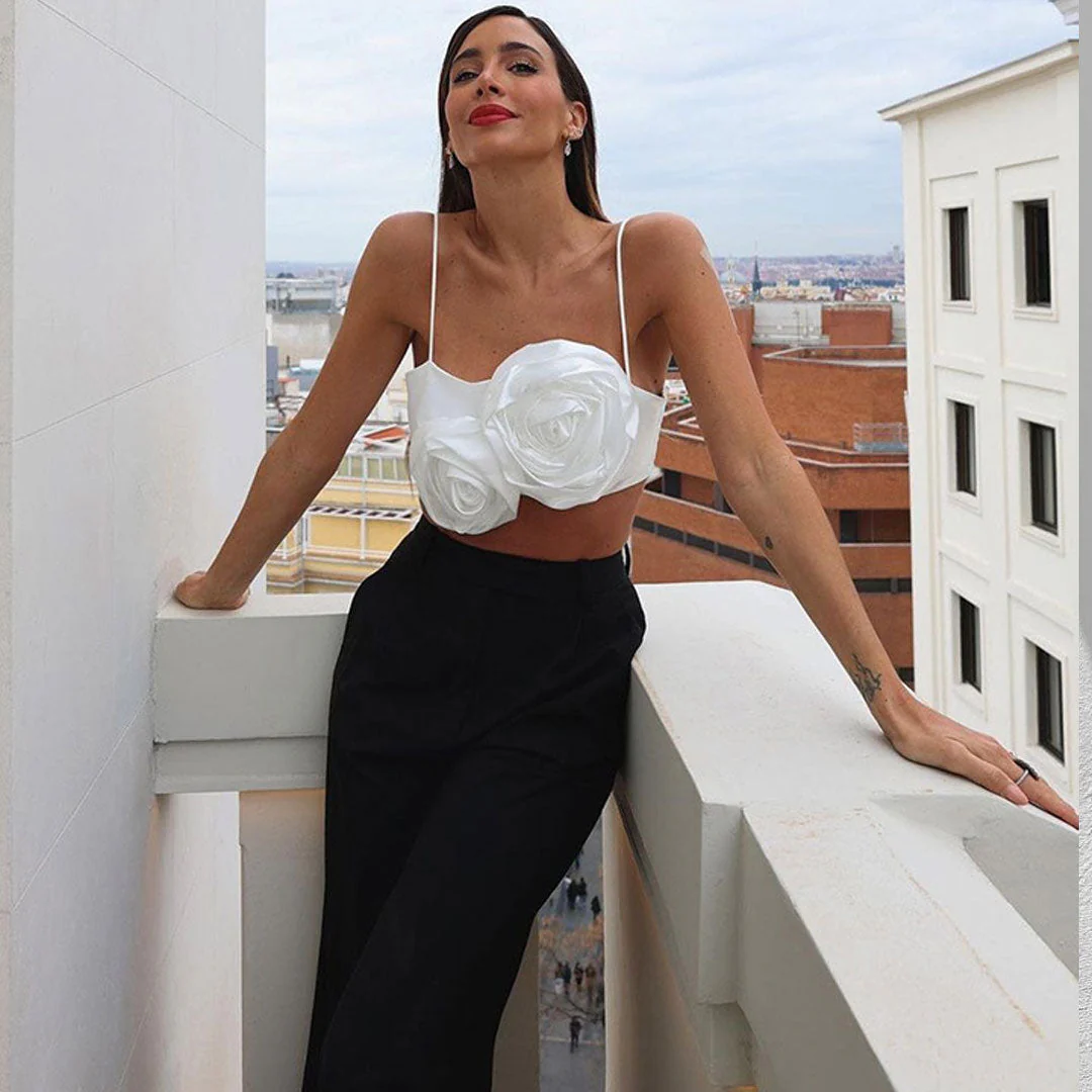 Bloom Flower Applique Spaghetti Strap Satin Crop Tank Top - White - Image 2