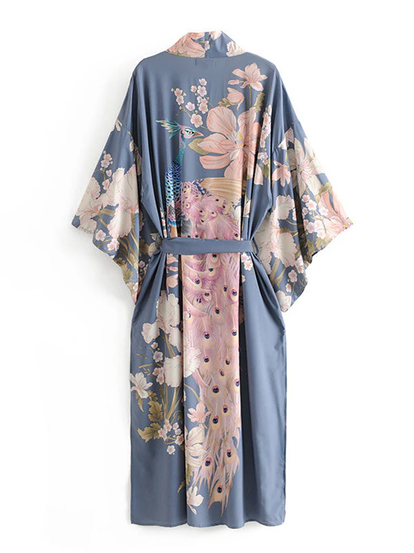 Partywear Kimono Floral Print Cotton Viscose Blue Lagoon Gown Robe Kimono - Image 2