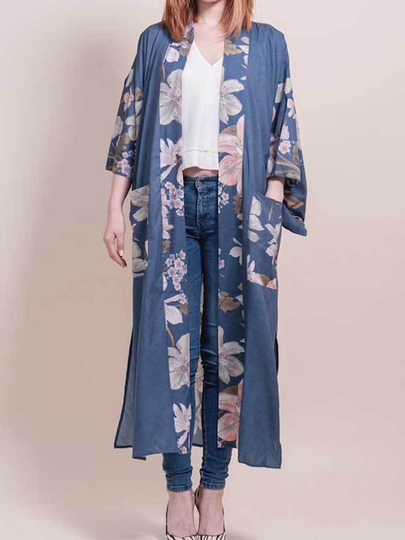 Partywear Kimono Floral Print Cotton Viscose Blue Lagoon Gown Robe Kimono - Image 3