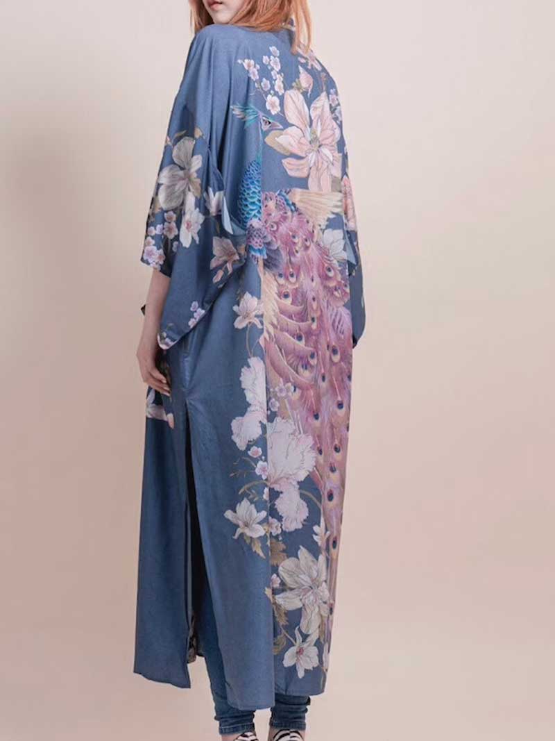 Partywear Kimono Floral Print Cotton Viscose Blue Lagoon Gown Robe Kimono - Image 4