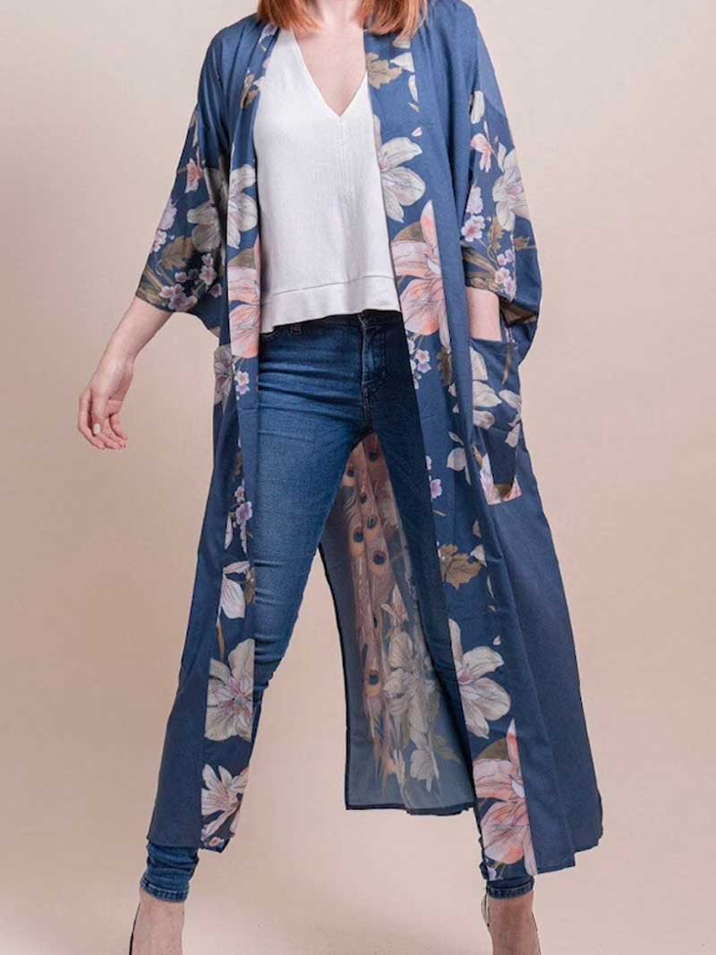 Partywear Kimono Floral Print Cotton Viscose Blue Lagoon Gown Robe Kimono - Image 5
