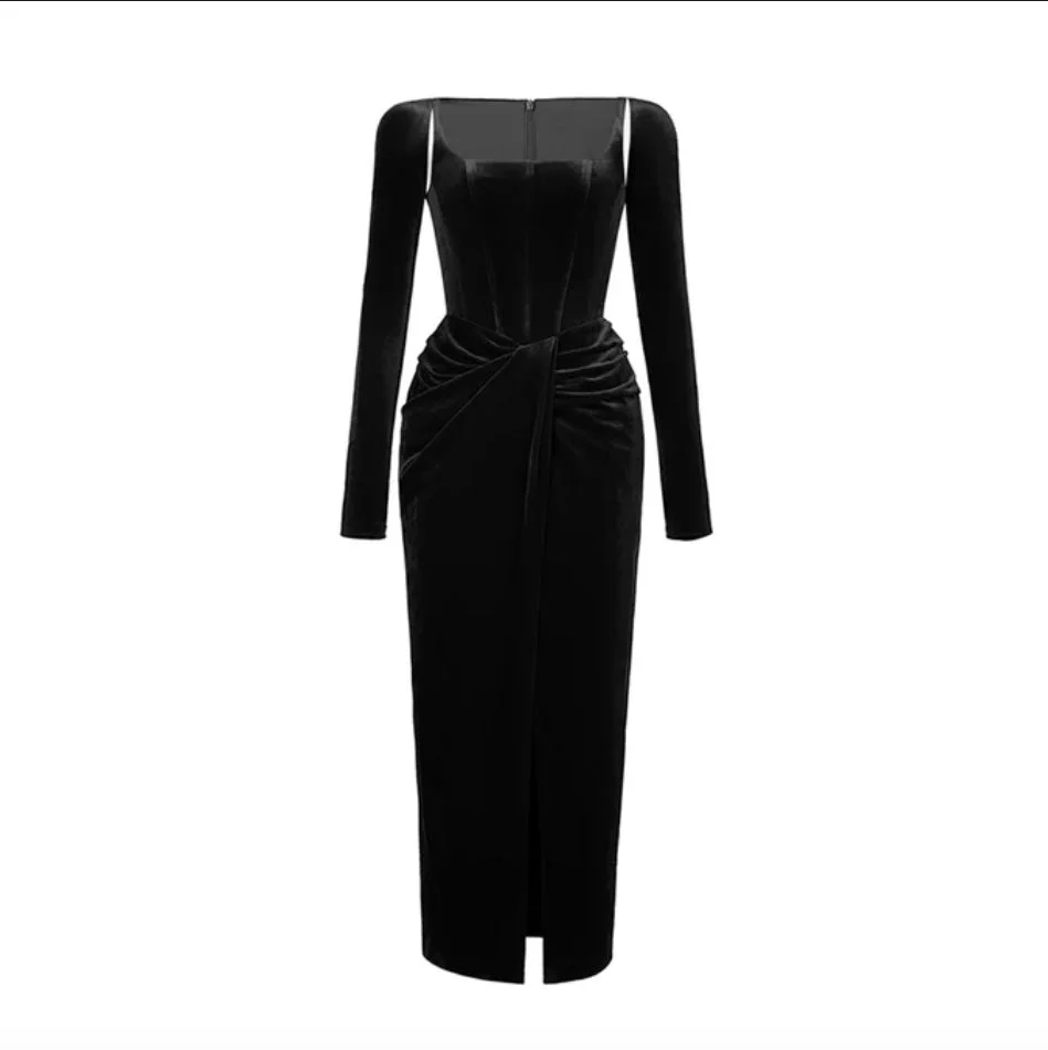 Black MIDI Dress with CORSET Long SleeveS and FRONT SLIT - Image 2