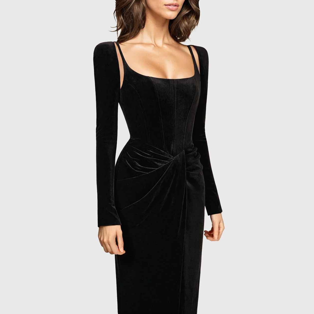 Black MIDI Dress with CORSET Long SleeveS and FRONT SLIT - Image 5
