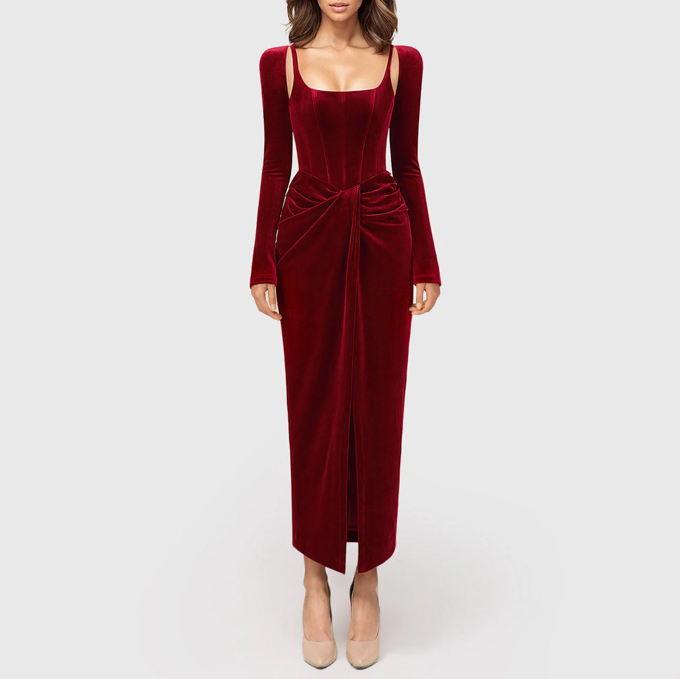 DARK RED MIDI Dress with CORSET Long SleeveS and FRONT SLIT - Image 2