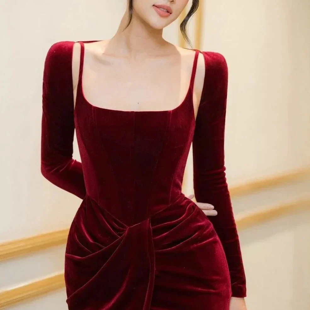 DARK RED MIDI Dress with CORSET Long SleeveS and FRONT SLIT - Image 5