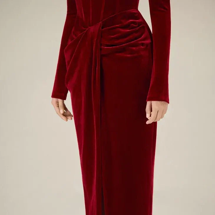 DARK RED MIDI Dress with CORSET Long SleeveS and FRONT SLIT - Image 7