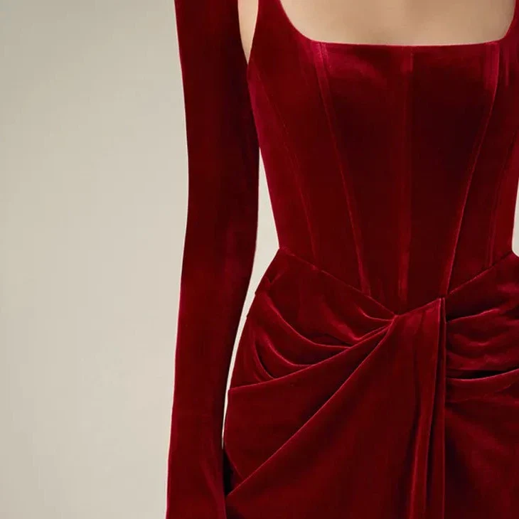 DARK RED MIDI Dress with CORSET Long SleeveS and FRONT SLIT - Image 8