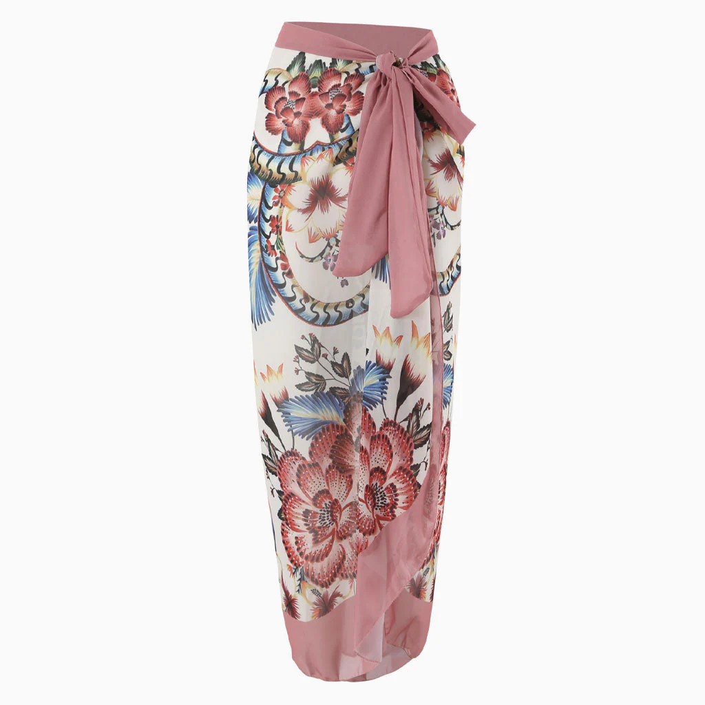 Bohemain Print High Waist Bow Tie Chiffon Maxi Wrap Sarong Cover Up - Image 3