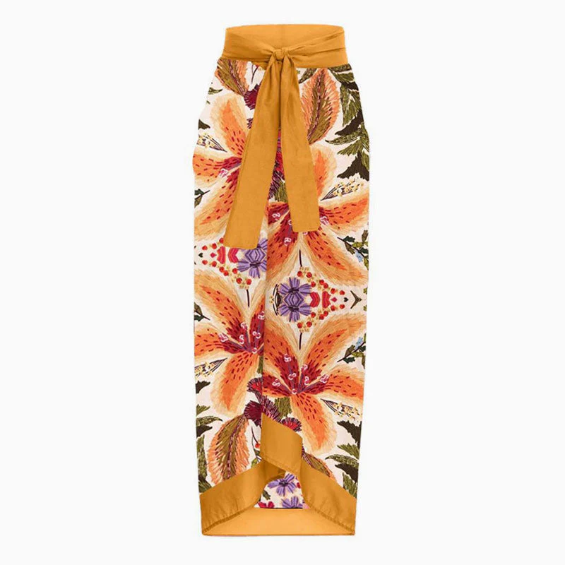 Bohemain Print High Waist Bow Tie Chiffon Maxi Wrap Sarong Cover Up - Image 4