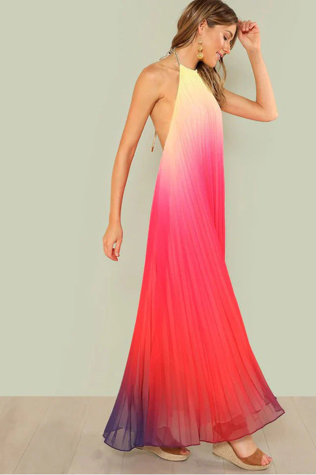Bohemian Backless Beach Gradient Halter Dress - Image 13