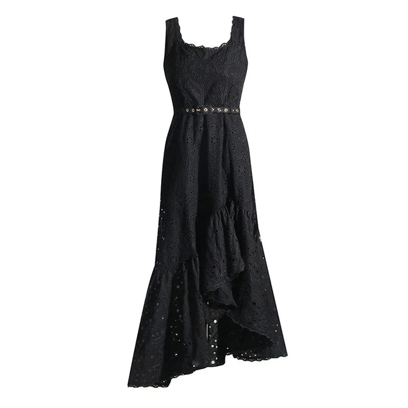 Bohemian Floral Broderie Anglaise Asymmetric Hem Square Neck Belted Midi SunDress - Image 3