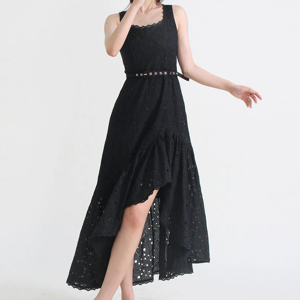 Bohemian Floral Broderie Anglaise Asymmetric Hem Square Neck Belted Midi SunDress - Image 4
