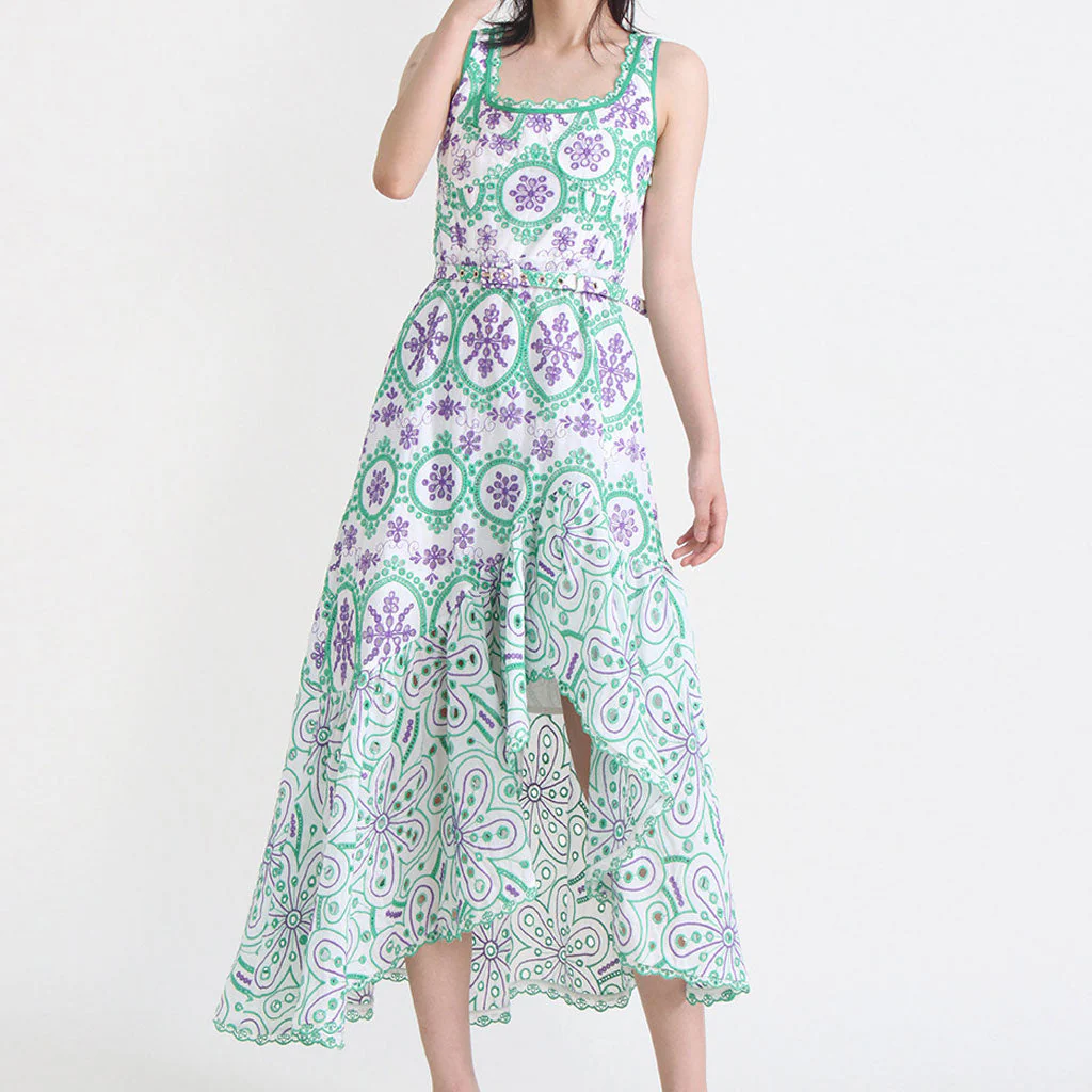 Bohemian Floral Broderie Anglaise Asymmetric Hem Square Neck Belted Midi SunDress - Image 6