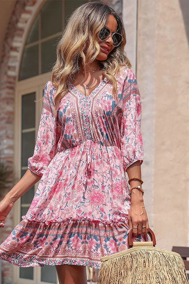 Bohemian Frill Trim V-Neck Dress - Image 4
