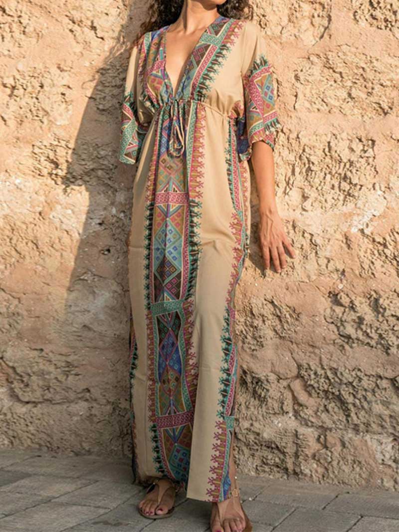 Bohemian Print Cotton Short Sleeves Kaftan Dress - Image 2