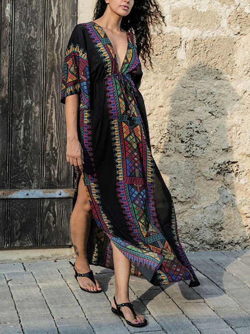 Bohemian Print Cotton Short Sleeves Kaftan Dress - Image 5
