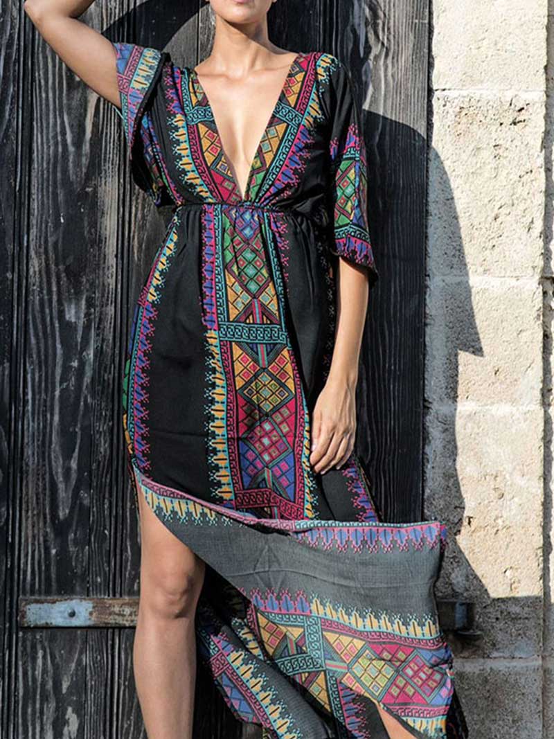 Bohemian Print Cotton Short Sleeves Kaftan Dress - Image 6