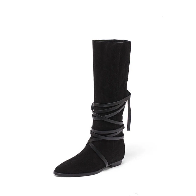 Bohemian Strappy Knee High Pointed Toe Suede Low Block Boots - Black - Image 3
