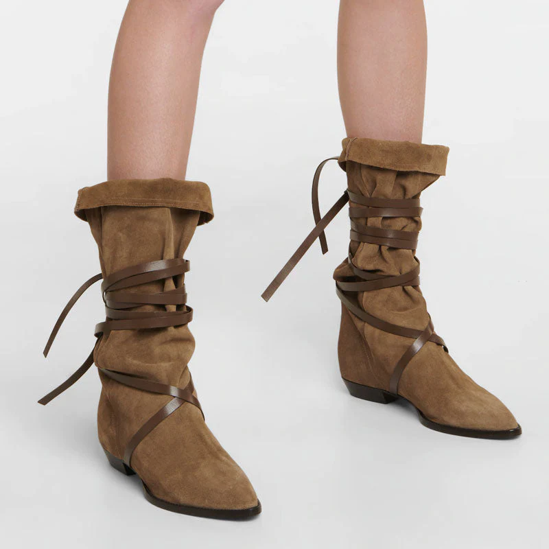 Bohemian Strappy Knee High Pointed Toe Suede Low Block Boots - Brown - Image 2