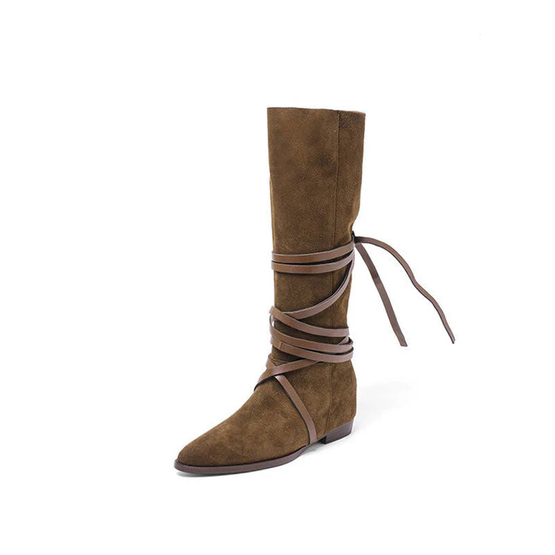 Bohemian Strappy Knee High Pointed Toe Suede Low Block Boots - Brown - Image 3