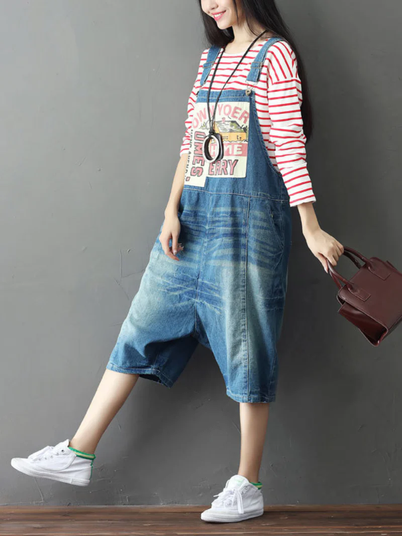 Bohemian Style Short Patch Denim Overalls - Image 6