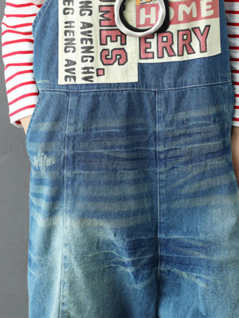 Bohemian Style Short Patch Denim Overalls - Image 7