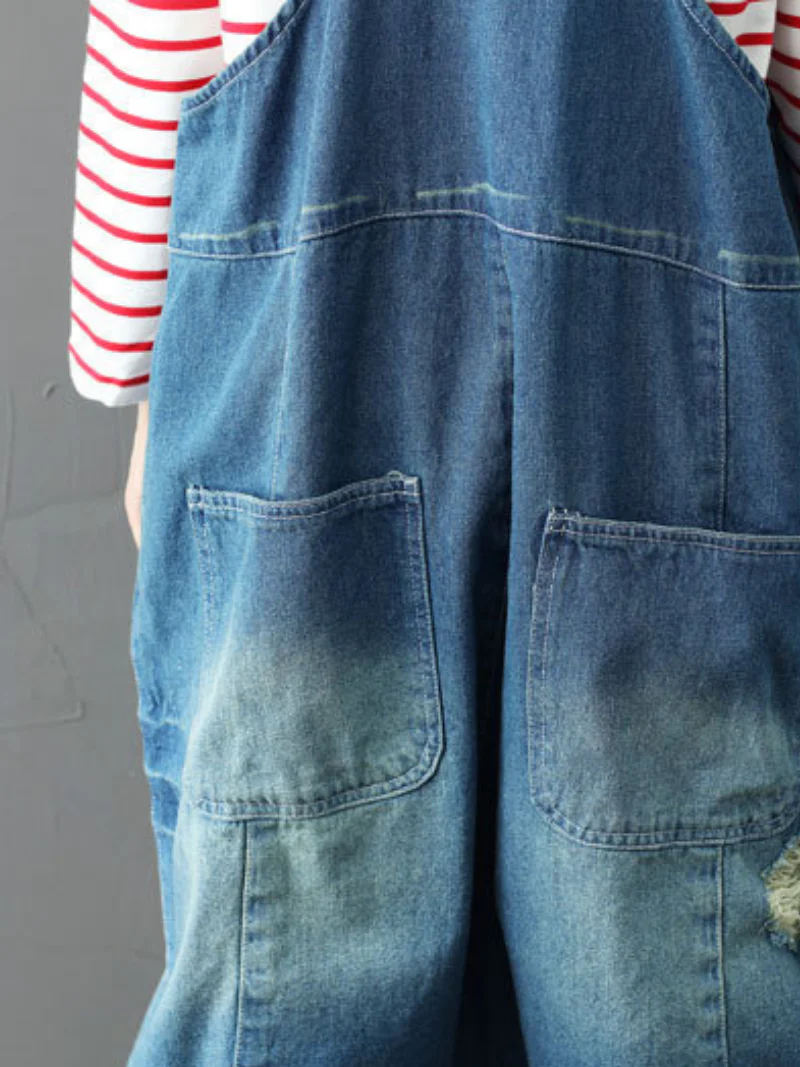 Bohemian Style Short Patch Denim Overalls - Image 9