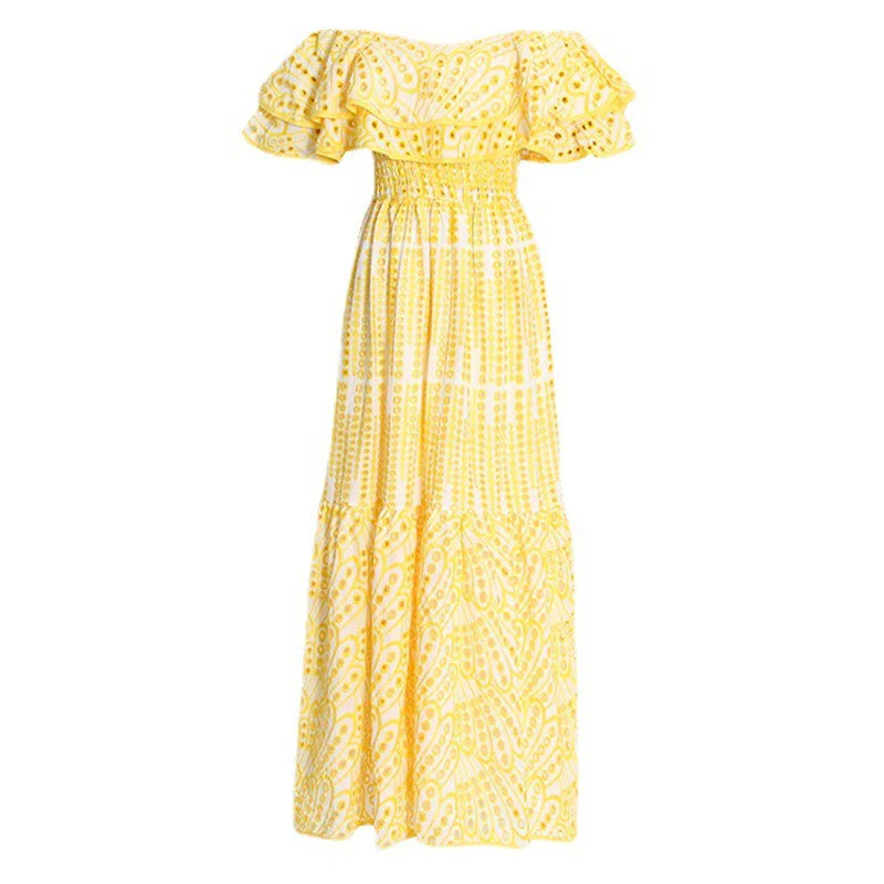 Boho Broderie Anglaise Off the Shoulder Shirred Ruffled Tiered Maxi Dress - Image 3