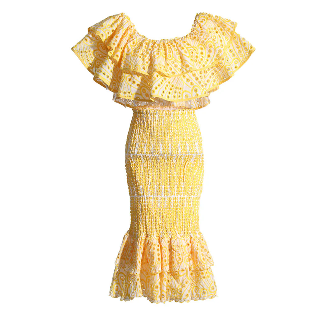 Boho Broderie Anglaise Shirred Detail Ruffled Mermaid Midi Skirt Matching Set - Image 2