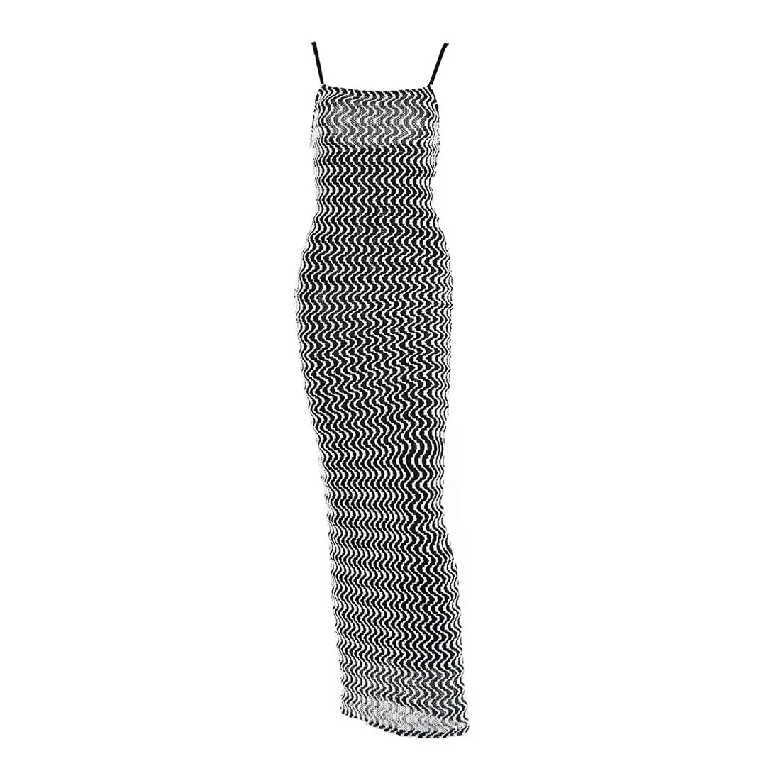 Boho Contrast Color Wavy Spaghetti Strap Vacation Maxi Dress - Black - Image 3
