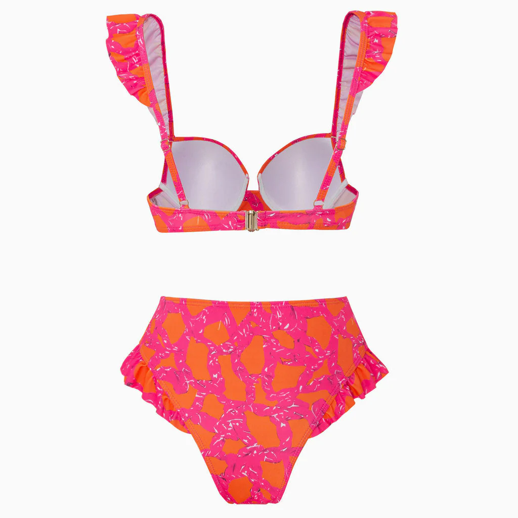 Boho Contrast Printed Mid Waist Ruffled Trim Moderate Underwire Bikini Set - Image 2