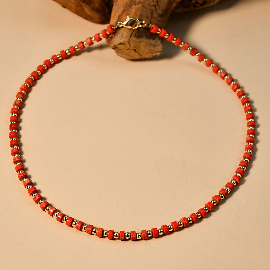 Boho Enamel Bead Embellished Plated Choker Necklace - Red - Image 2