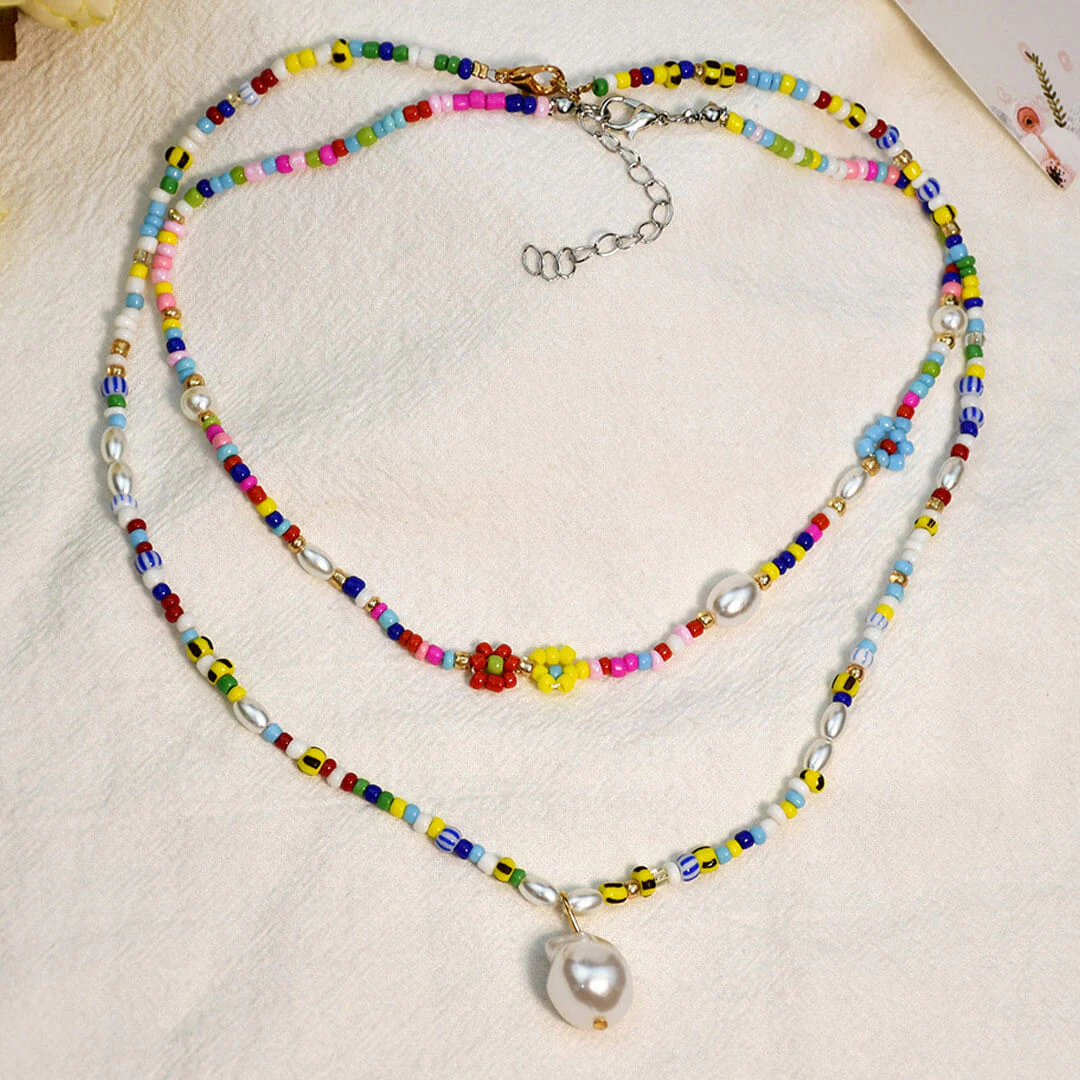 Boho Faux Baroque Pearl Bead Pendant Charm Necklace - Multicolor - Image 3