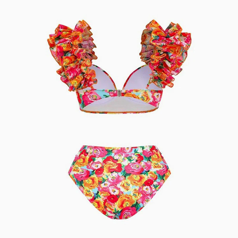 Boho Floral Print Ruched Mid Waist Moderate Ruffle Underwire Bikini Set - Image 2