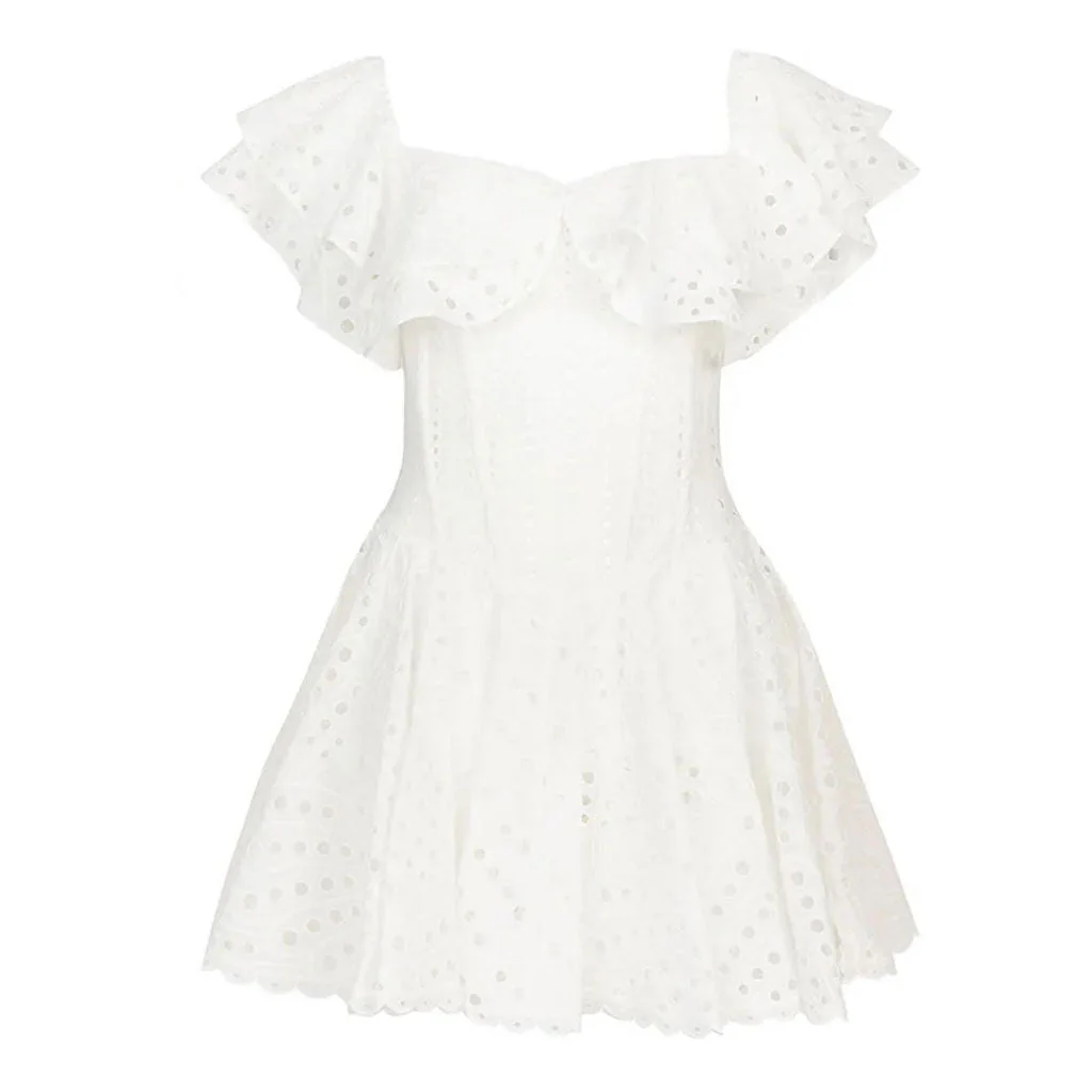 Boho Ruffled Off the Shoulder Smocked Back Broderie Anglaise Mini Dress - Image 2