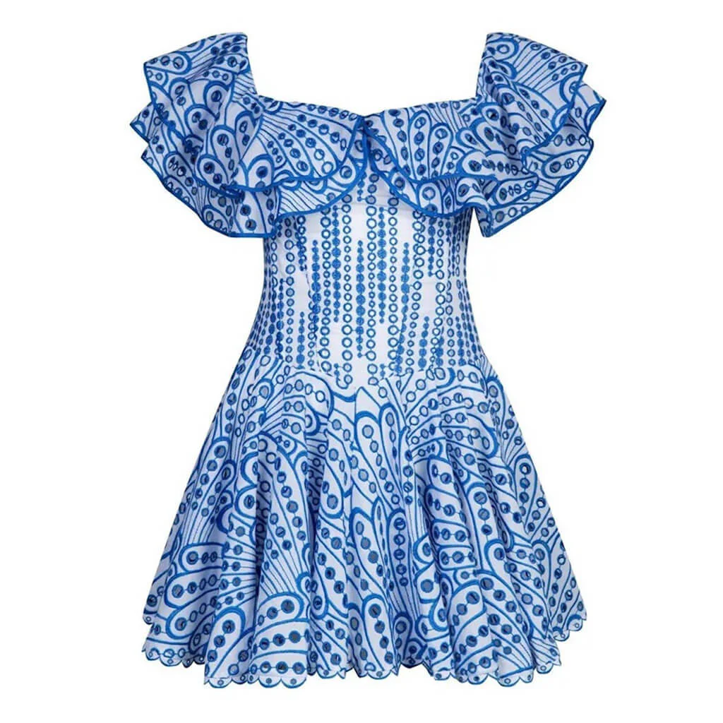 Boho Ruffled Off the Shoulder Smocked Back Broderie Anglaise Mini Dress - Image 3