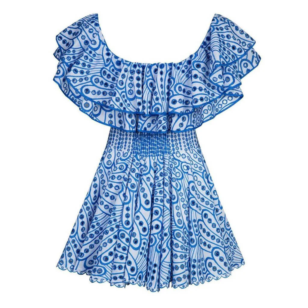 Boho Ruffled Off the Shoulder Smocked Back Broderie Anglaise Mini Dress - Image 4