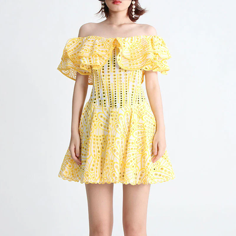 Boho Ruffled Off the Shoulder Smocked Back Broderie Anglaise Mini Dress - Image 5
