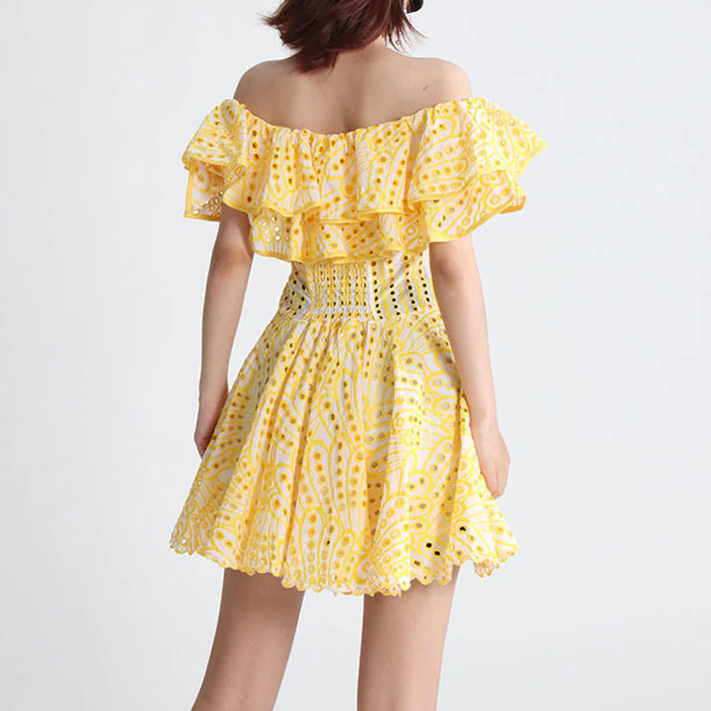 Boho Ruffled Off the Shoulder Smocked Back Broderie Anglaise Mini Dress - Image 6