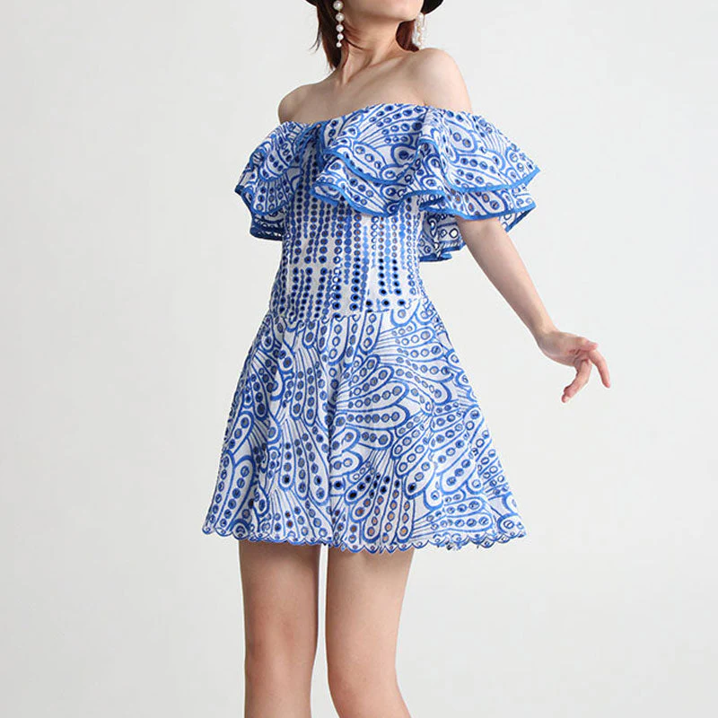 Boho Ruffled Off the Shoulder Smocked Back Broderie Anglaise Mini Dress - Image 7