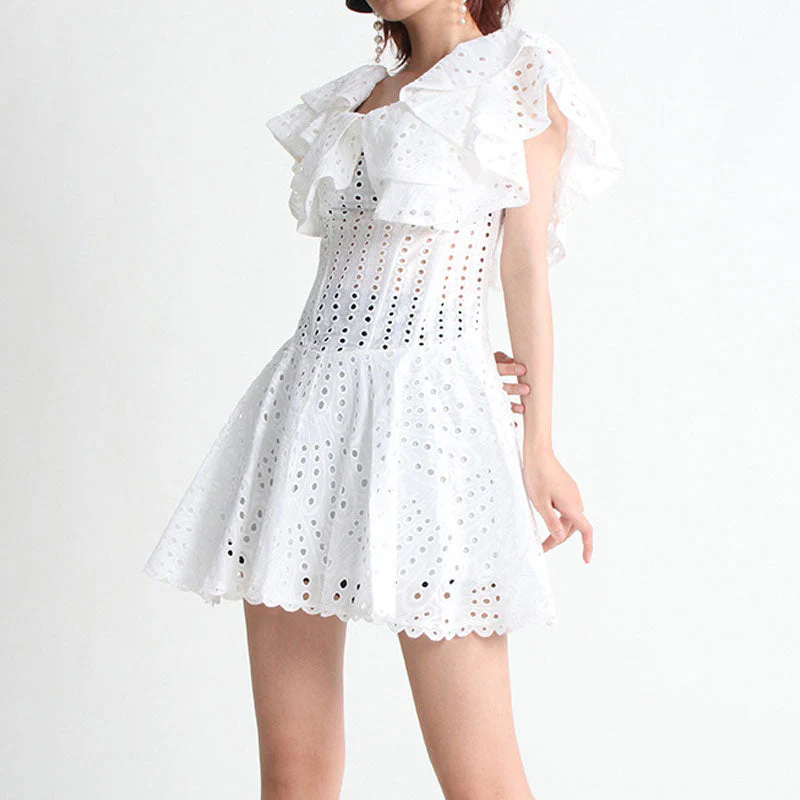Boho Ruffled Off the Shoulder Smocked Back Broderie Anglaise Mini Dress - Image 8