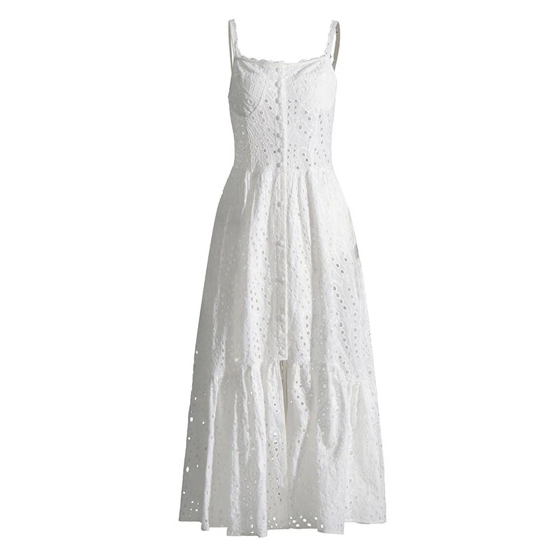 Boho Scalloped Square Neck Cami Button Front Smocked Broderie Anglaise Midi SunDress - Image 3