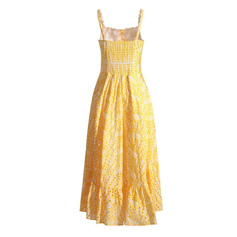 Boho Scalloped Square Neck Cami Button Front Smocked Broderie Anglaise Midi SunDress - Image 5