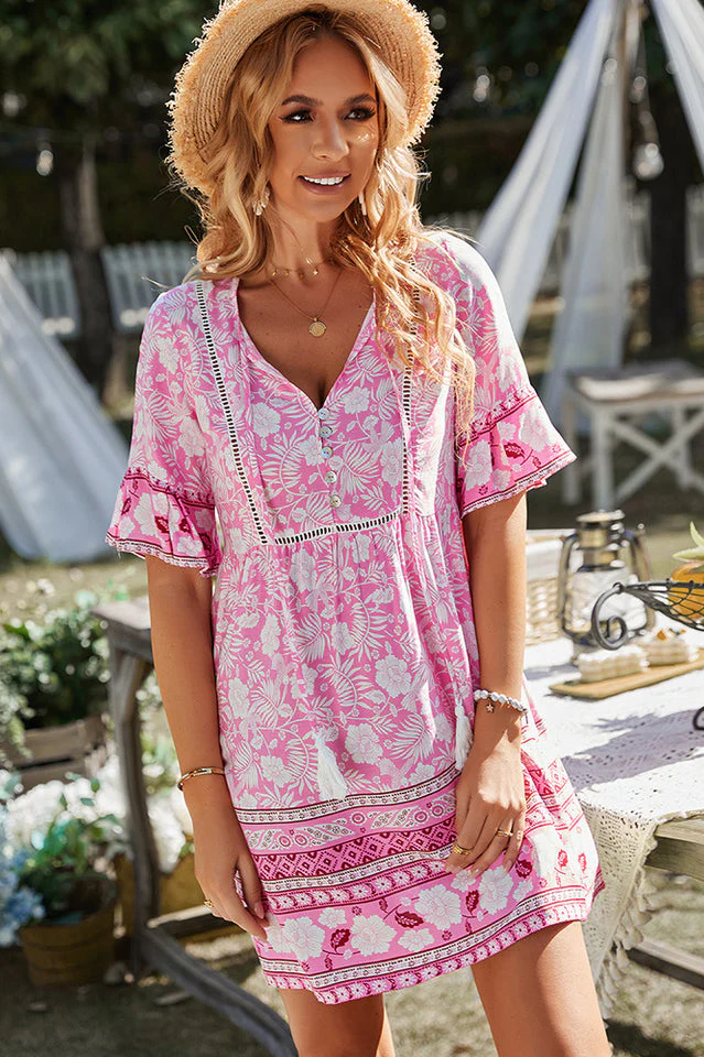 Boho Short Sleeve Floral Mini Dress - Image 14