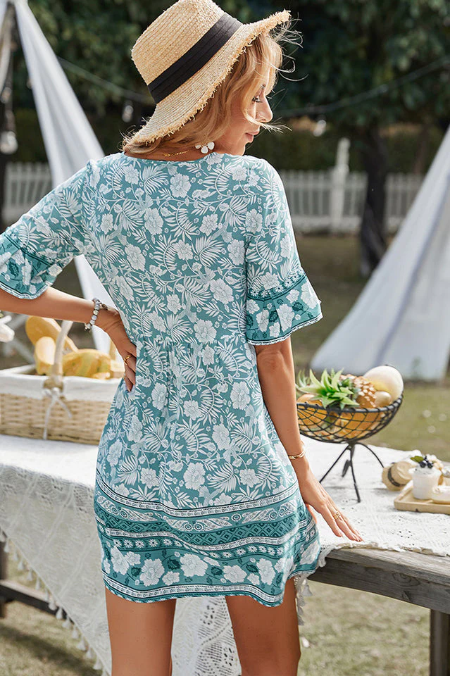 Boho Short Sleeve Floral Mini Dress - Image 8