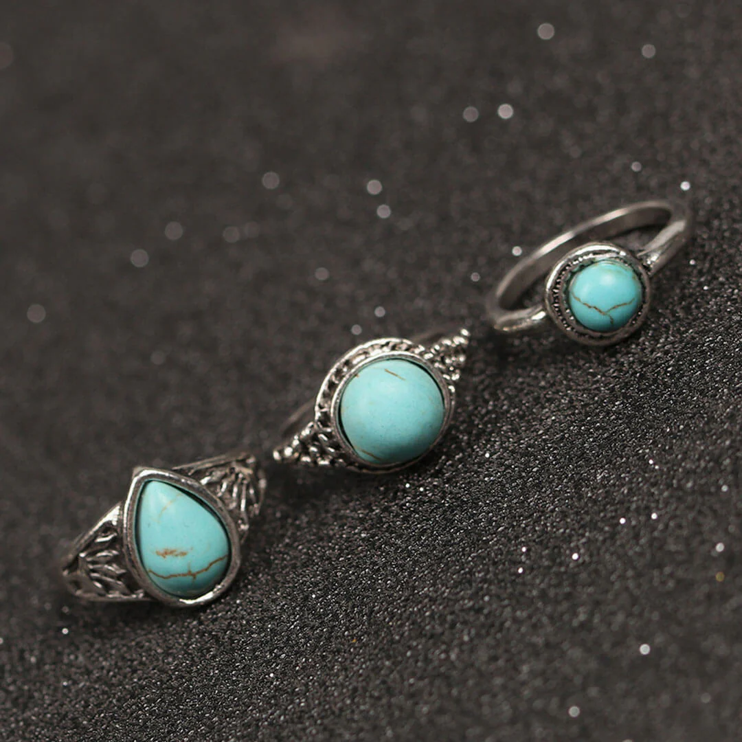 Boho Style Multi Mix Stone Trimmed Embossed Ring Set - Silver - Image 2